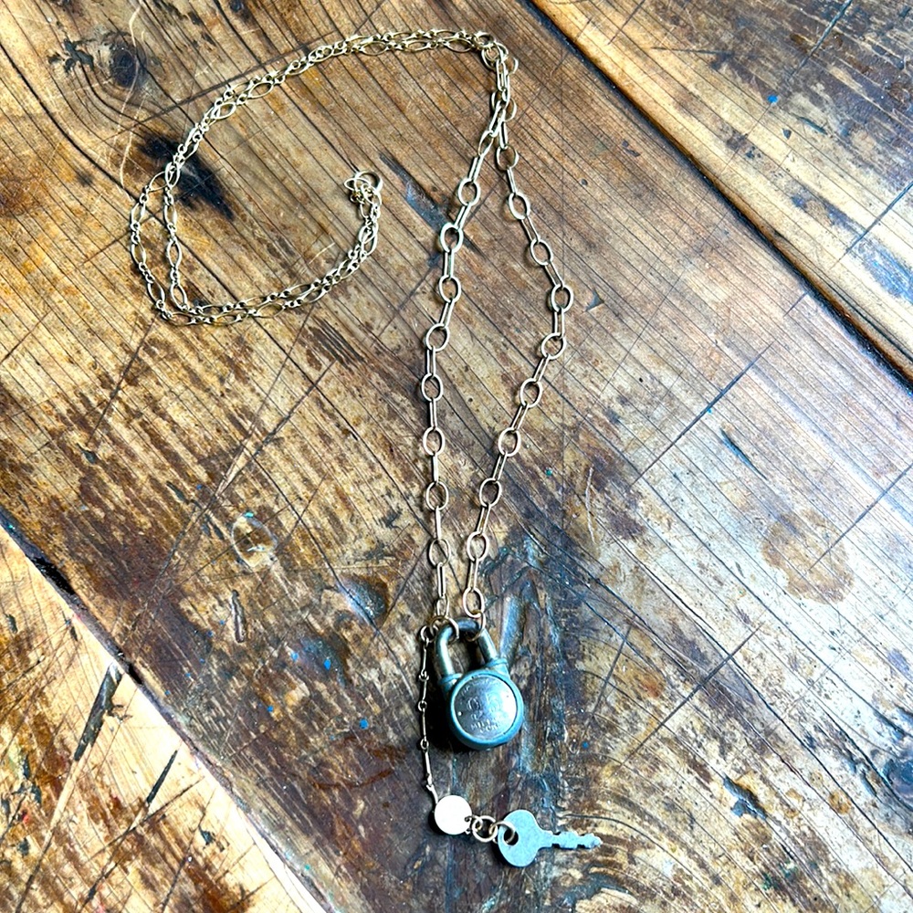 Gold plated long chain necklace with locket and key